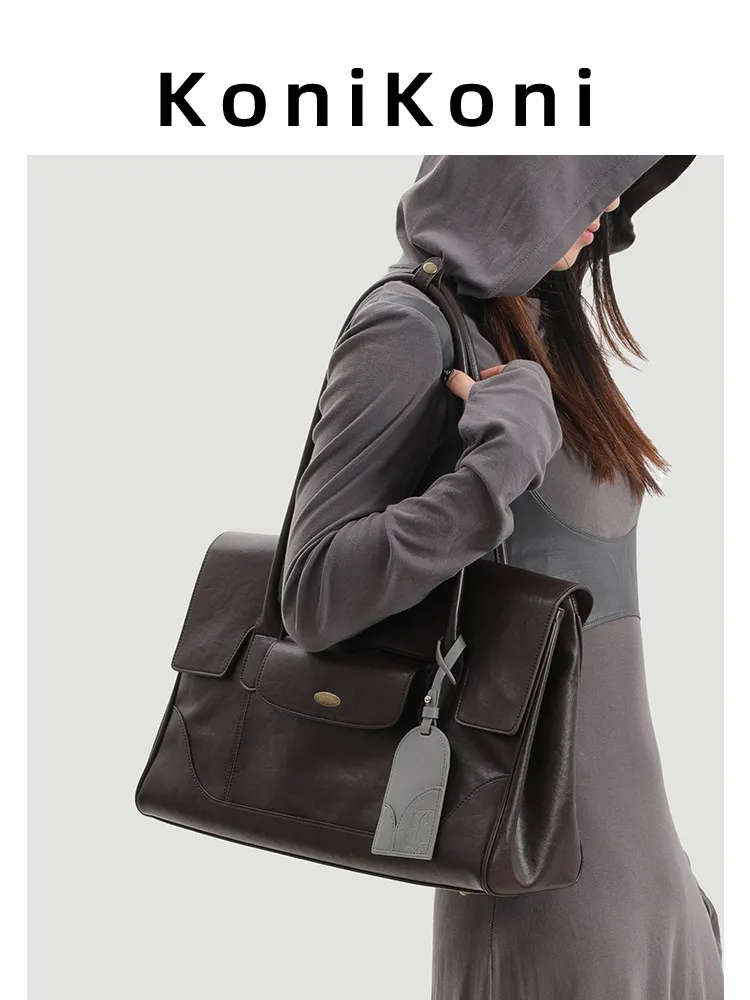 KoniKoni Genuine Leather Large-Capacity Tote Bag for Women 2026 New Arrival Briefcase Commuter Shoulder Bag