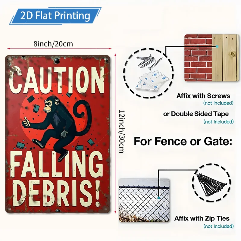 [2D FLAT] 1 قطعة علامة معدنية، 8 × 12 بوصة ريترو قرد الحذر سقوط الحطام علامة معدنية