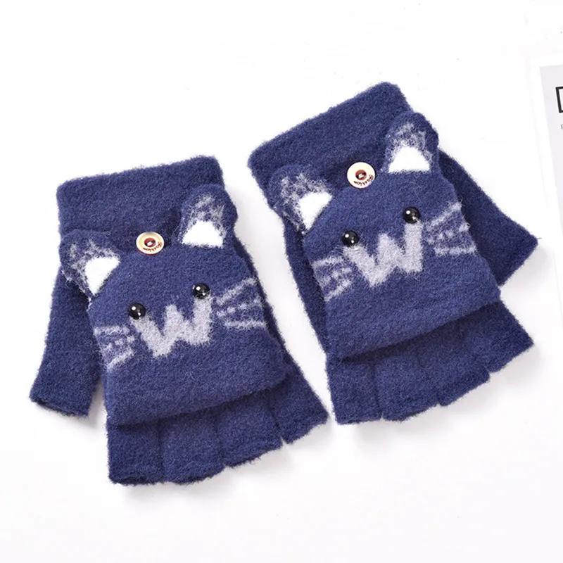 Cute Kids Gloves Winter Warm Faux Fur Knit Boy Girl Children Glove Cartoon Half finger Flip Cover Outdoor Mittens 5-12years