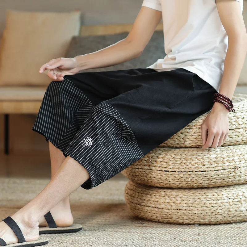 

Summer Men's Thin Cotton Hemp Pants Casual Large Size Loose Splice Stripe Chinese Style Printed Calf-length Men's Trousers