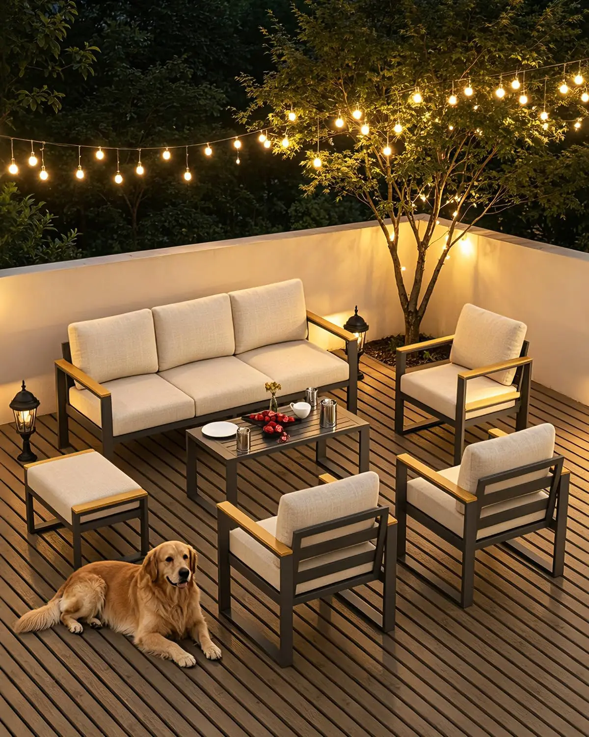 Aluminum Patio Sofa & Coffee Table, All-Weather Metal Outdoor Furniture with Washable Cushion for Balcony , Customized