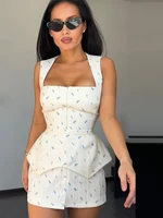 Elegant Print Waistband Short Dress For Women Square Collar Sleeveless Zip Up Waist-closed Dresses 2026 Summer Lady Party Robes