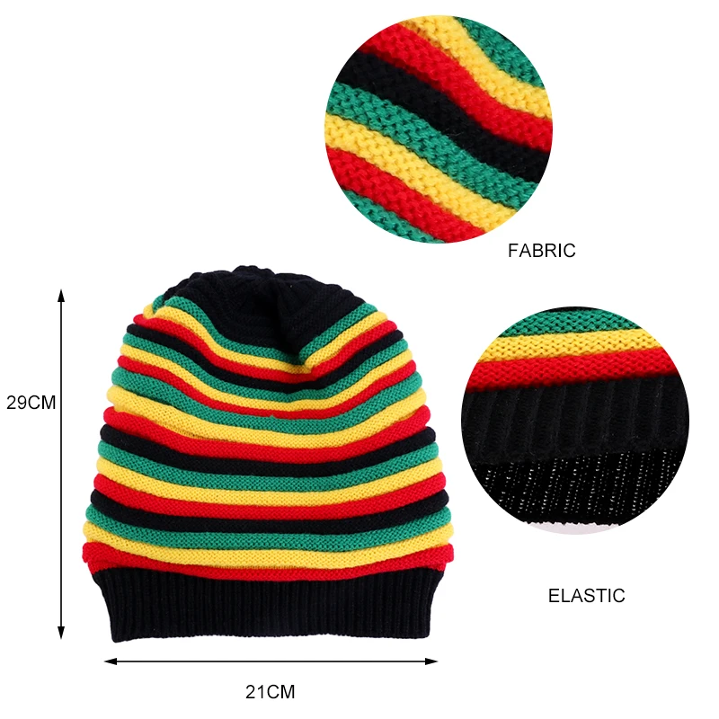 New Men Knitted Beanie CapJamaica Rainbow Striped Beanies Hats Winter Warm Hip Hop Punk Reggae Skull Hat Rasta Style Gorro