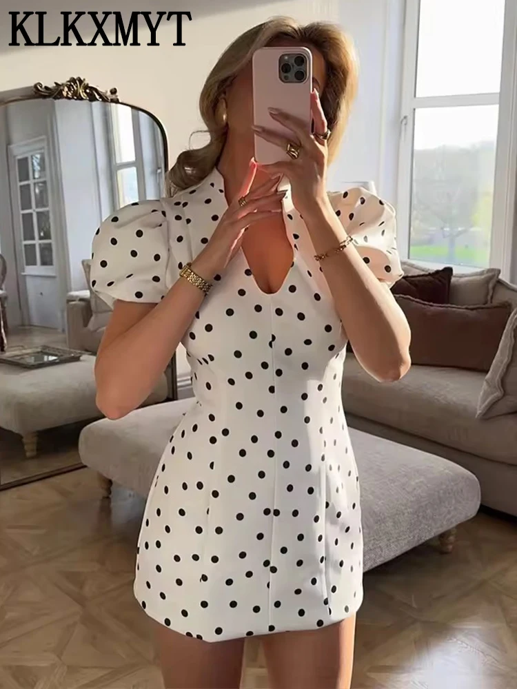 KLKXMYT Sommer Mode Damen Polka Dot Minikleid 2026 Kurzarm V-Ausschnitt Partykleider Weibliches Schickes Elegantes Abendkleid