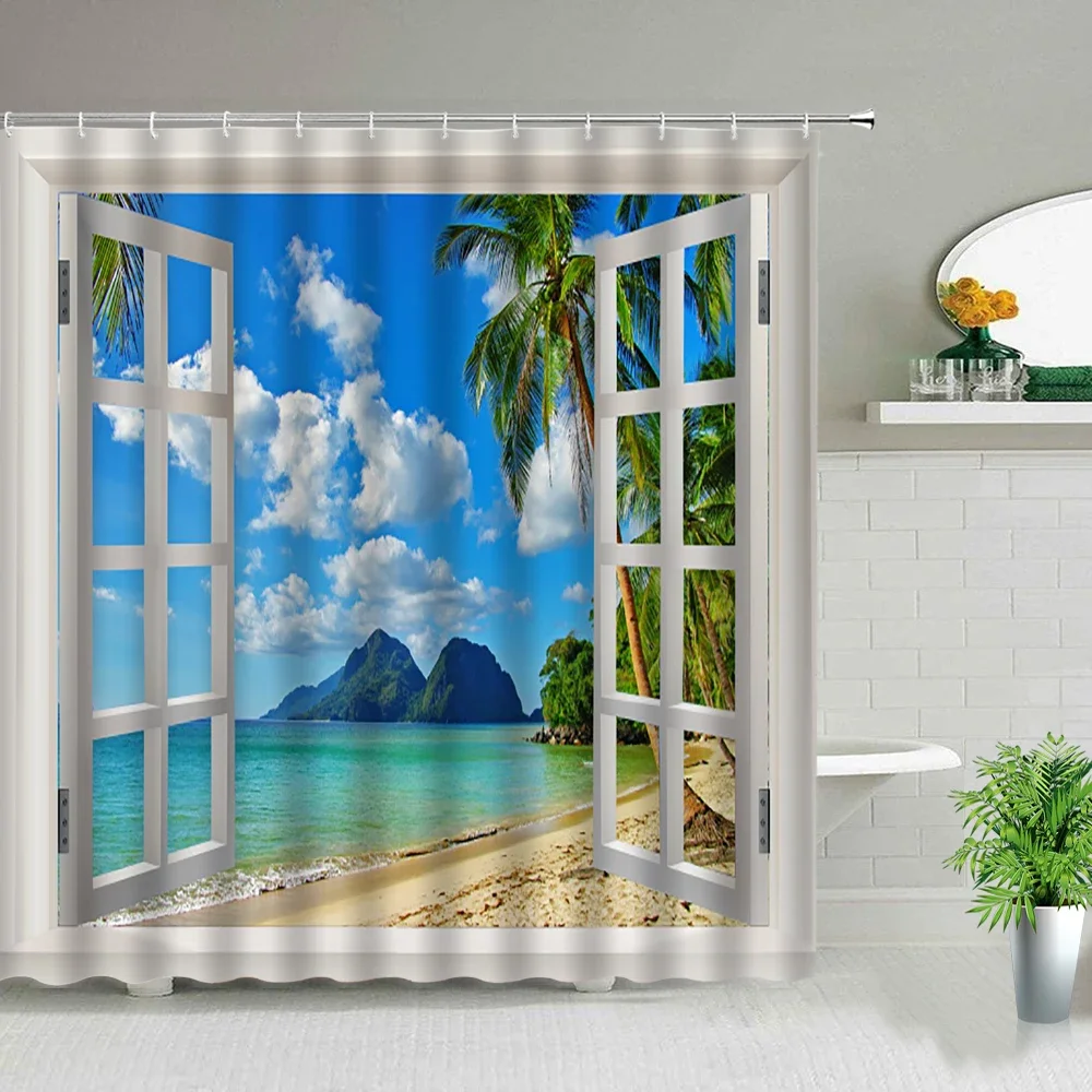 Waterproof Fabric Bathroom Curtains, Shower Curtain, Ocean Animal, Rainbow, Parrot, Dolphin, Palm Tree, Sea Scenery