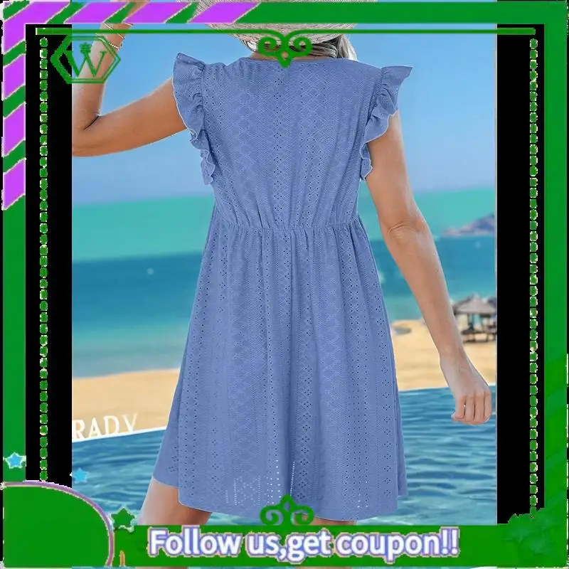 A18P-Vestido feminino de verão, manga plissada, decote em V, vestidos midi, moda casual, ajuste fluido, em camadas, boho, praia, férias, vestido de verão