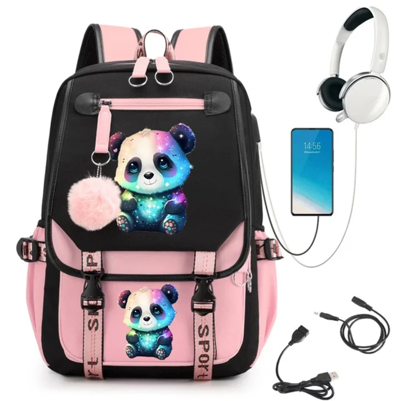 حقيبة ظهر المدرسة الابتدائية الثانوية الملونة الباندا أنيمي الحقائب المدرسية USB شحن على ظهره الفتيات المراهقات على ظهره حقيبة الكتب kawaii