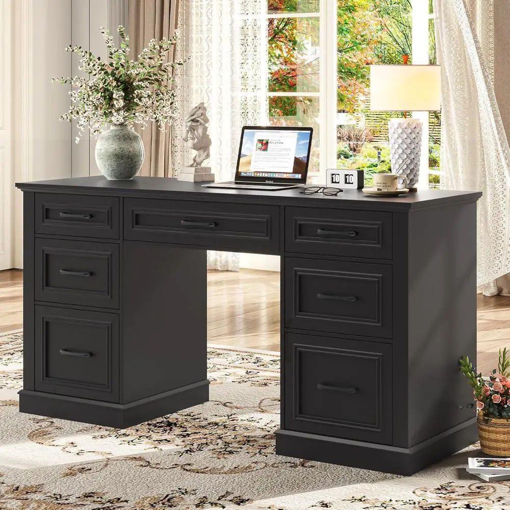 

59 Large Executive Desk with Drawers, Ample Storage, Rustic Black Home Office Workstation