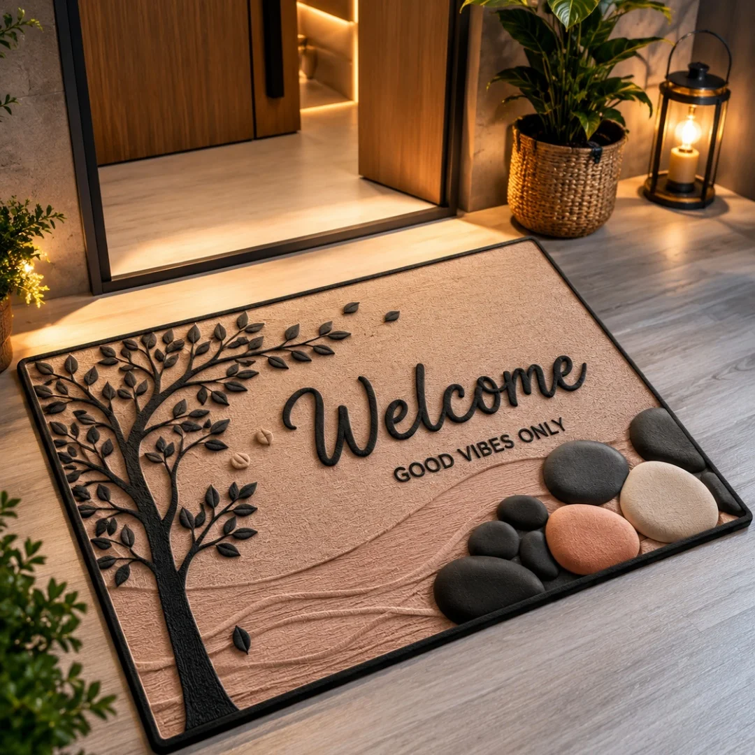 Tree Pebble Welcome Wire Loop Door Mat Good Vibes Only Text 3D Embossed Indoor Front Entrance Decorative Floor Rug