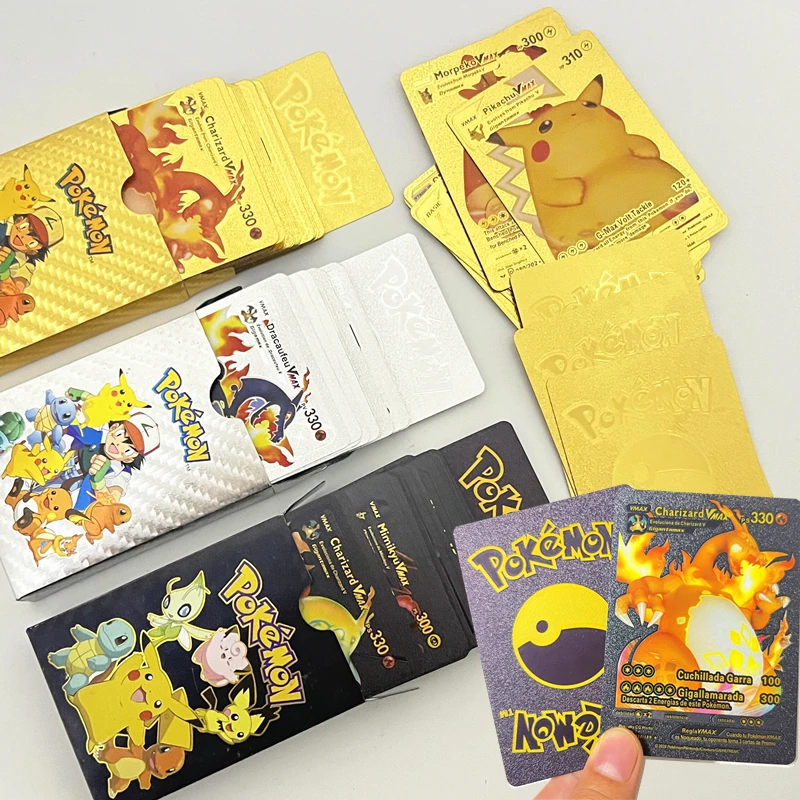 New Pokemon Cards Metal Gold Silver Vmax GX Card Box Charizard Pikachu Rare Collection Battle Trainer Card Children Toys Gift V