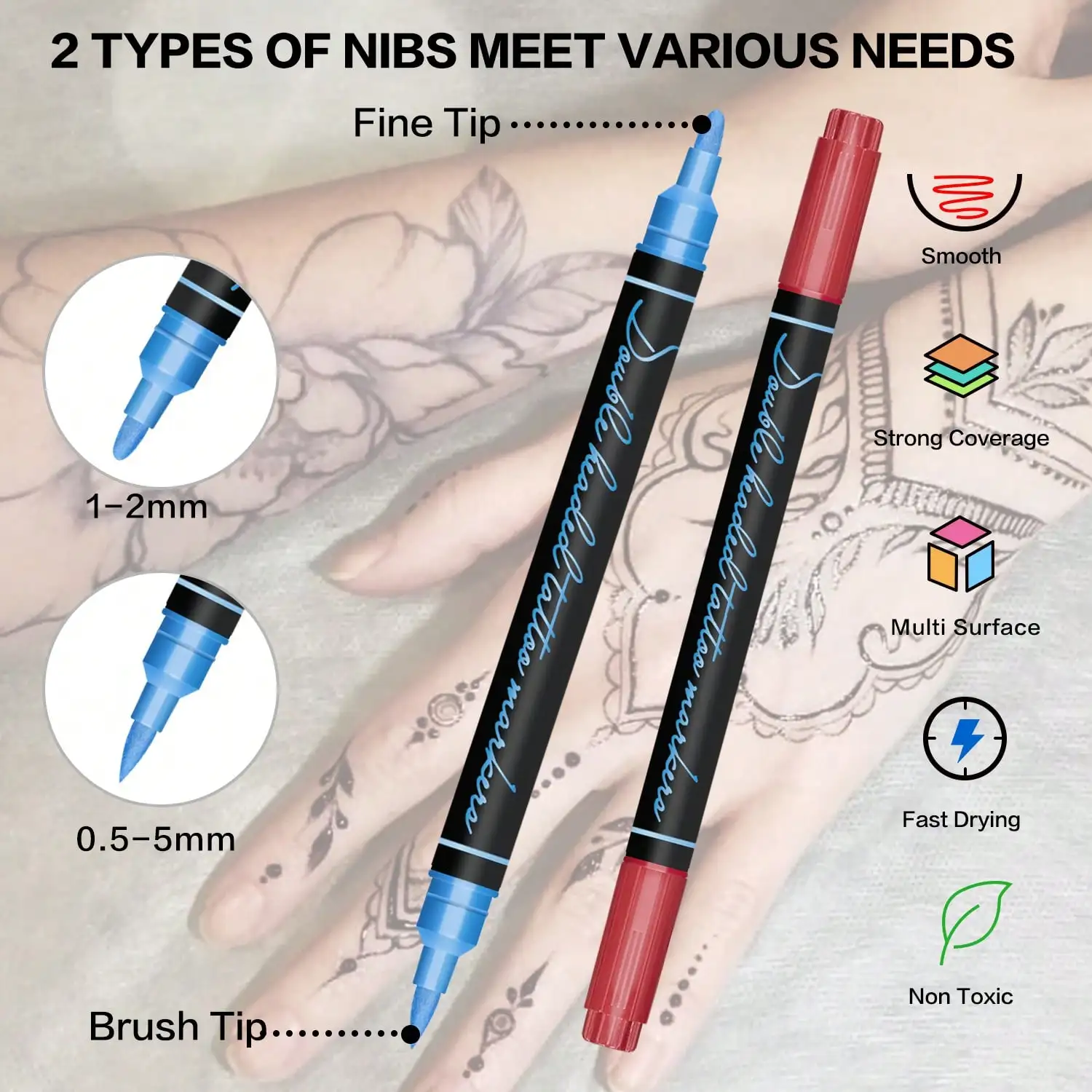 Pluma de tatuaje de 10 colores, marcador de tatuaje temporal de doble cabezal, marcado corporal Flexible, kit de maquillaje Facial respetuoso con la piel