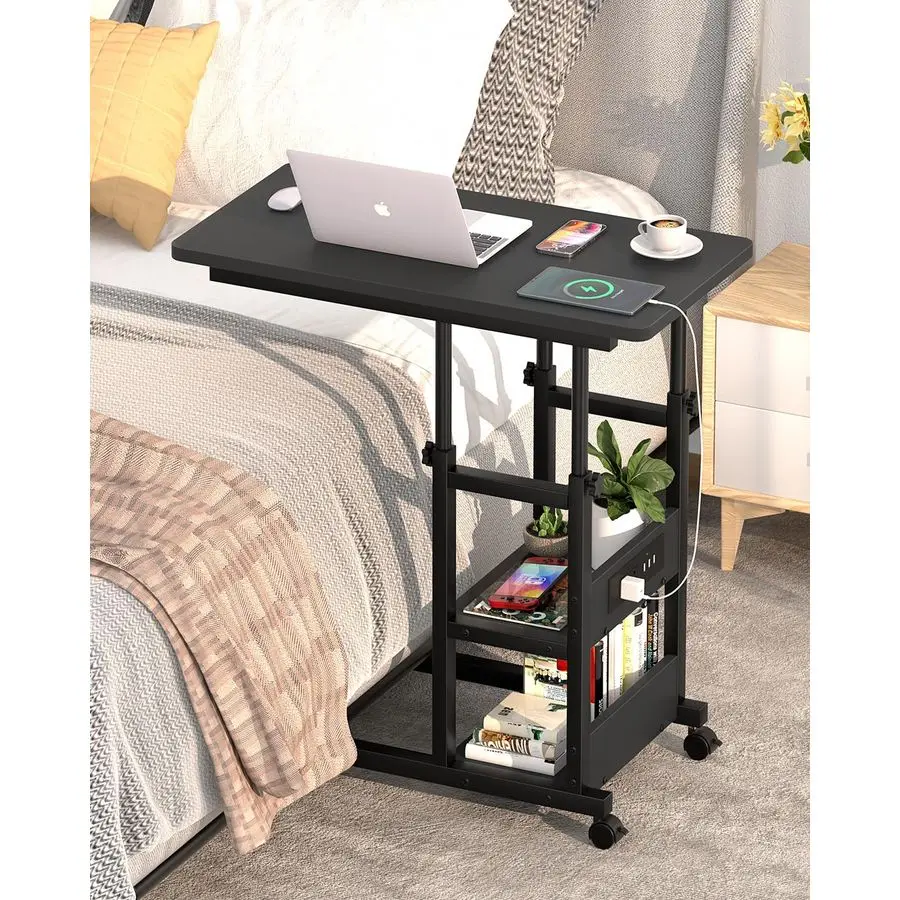 C Shaped End Table Height Adjustable Couch Side Table with Charging Station, TV Tray with Wheels Slide Under Sofa for Small Spac