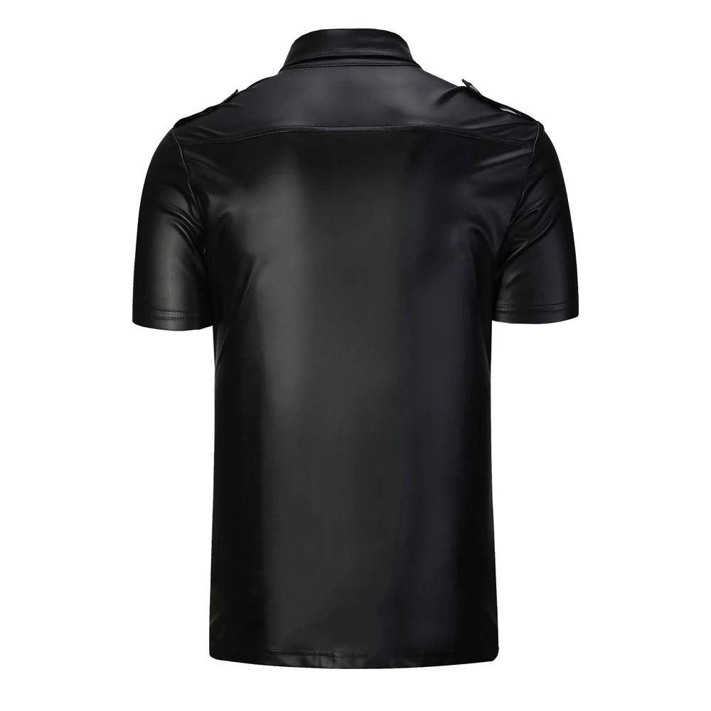 Men\'s Leather Shirts Short Sleeve Elastic Fashion PU Leather T-Shirts