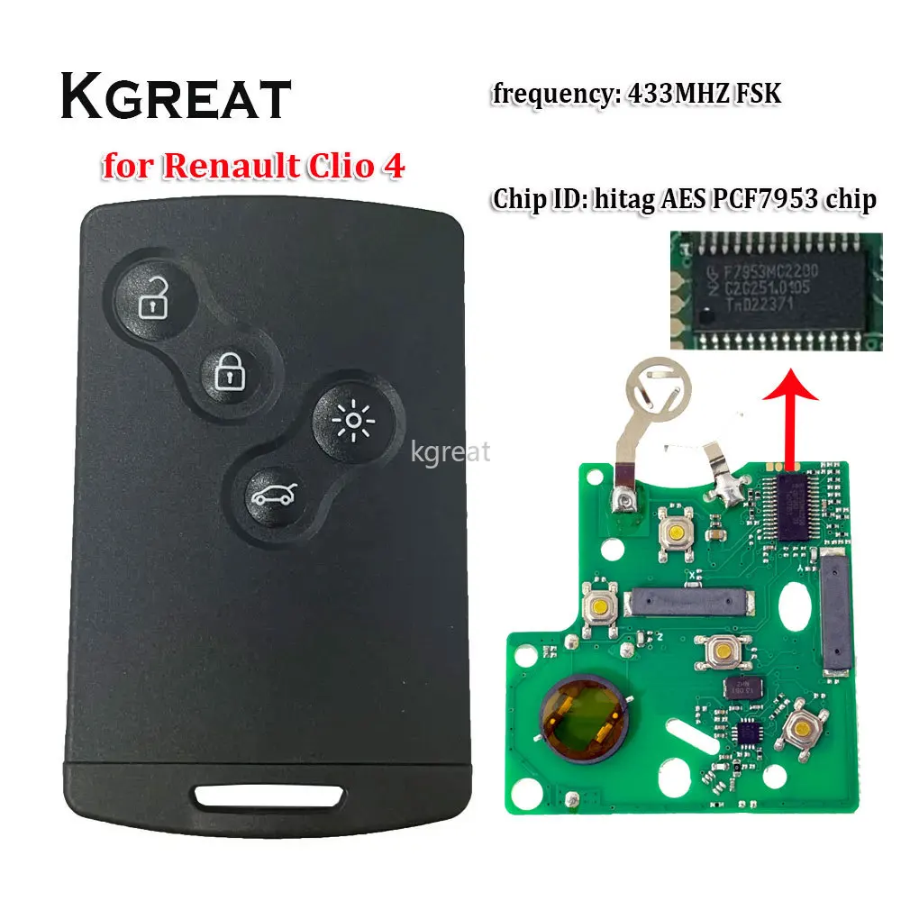Smart Card Car Key 4 Buttons PCF7953 4A Chip 433Mhz for Renault Clio 4 Captur Passive Keyless Go Entry Remote HandsFree