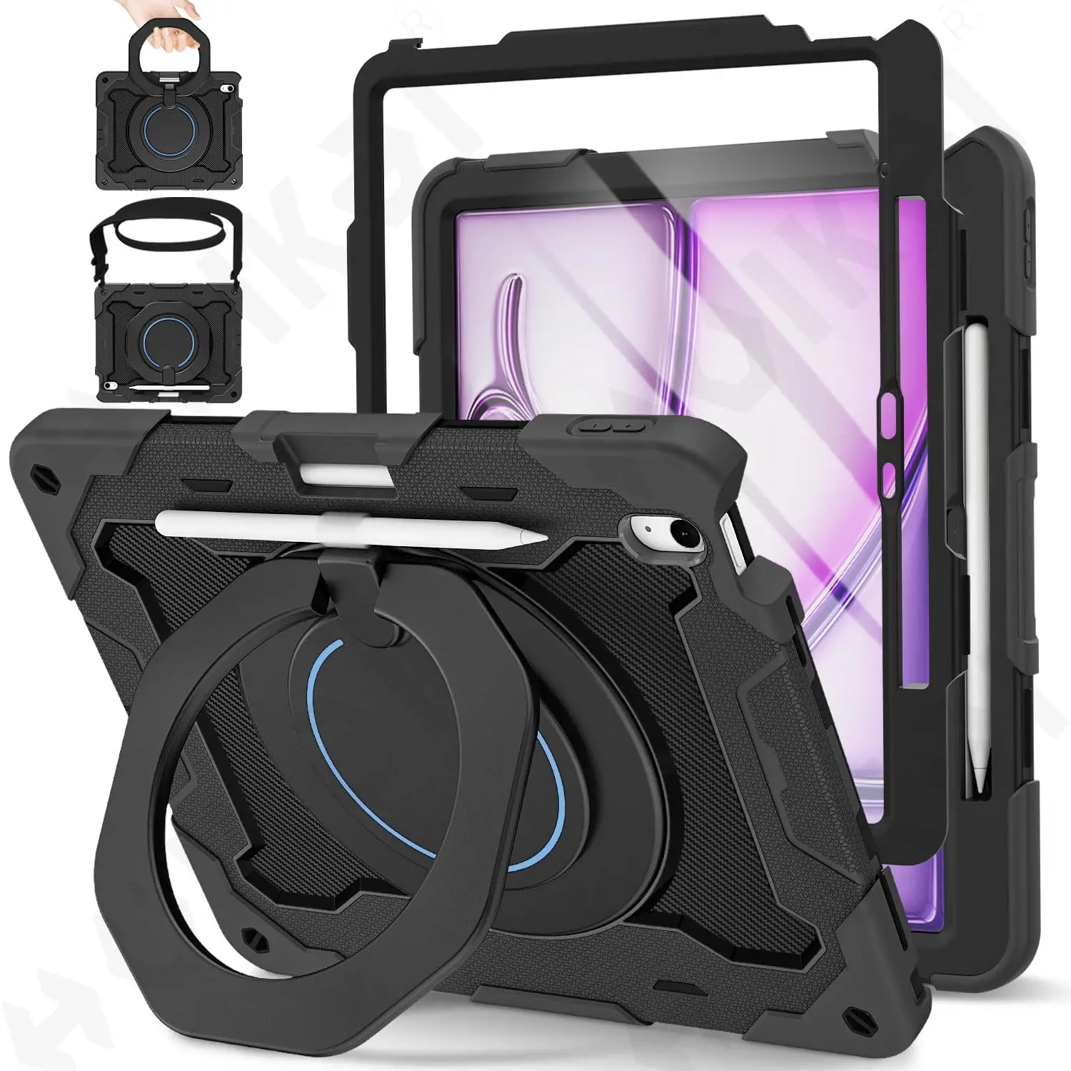Case For iPad Air 13 11 2026 2025 4G 5G  Heavy Duty Rotating Shockproof Stand Hand Shoulder Strap Black