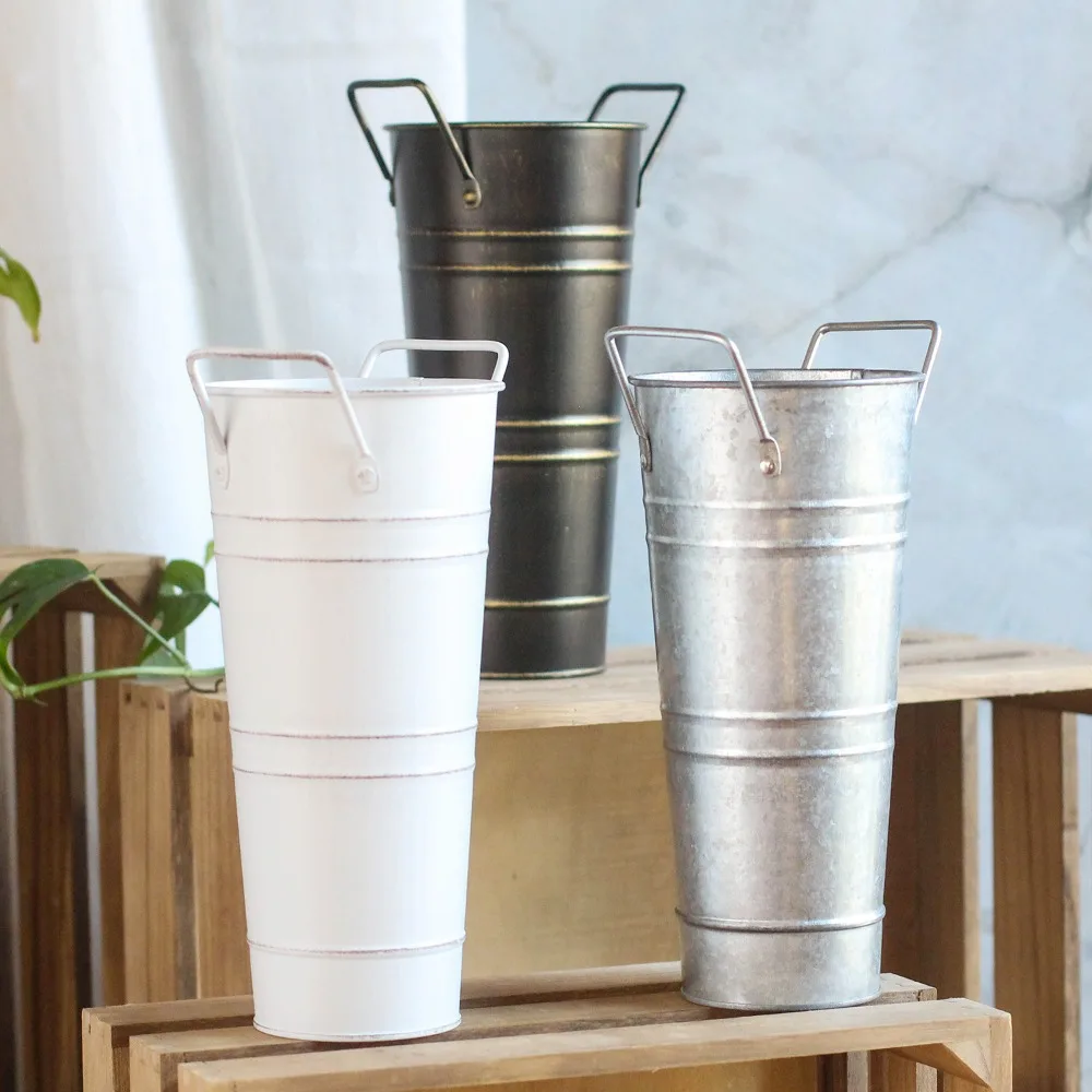 DIY Craft Creative Tin Flower Bucket Durable Round Retro Tin Barrel with Handles Protable Wrought Vase Home Decor