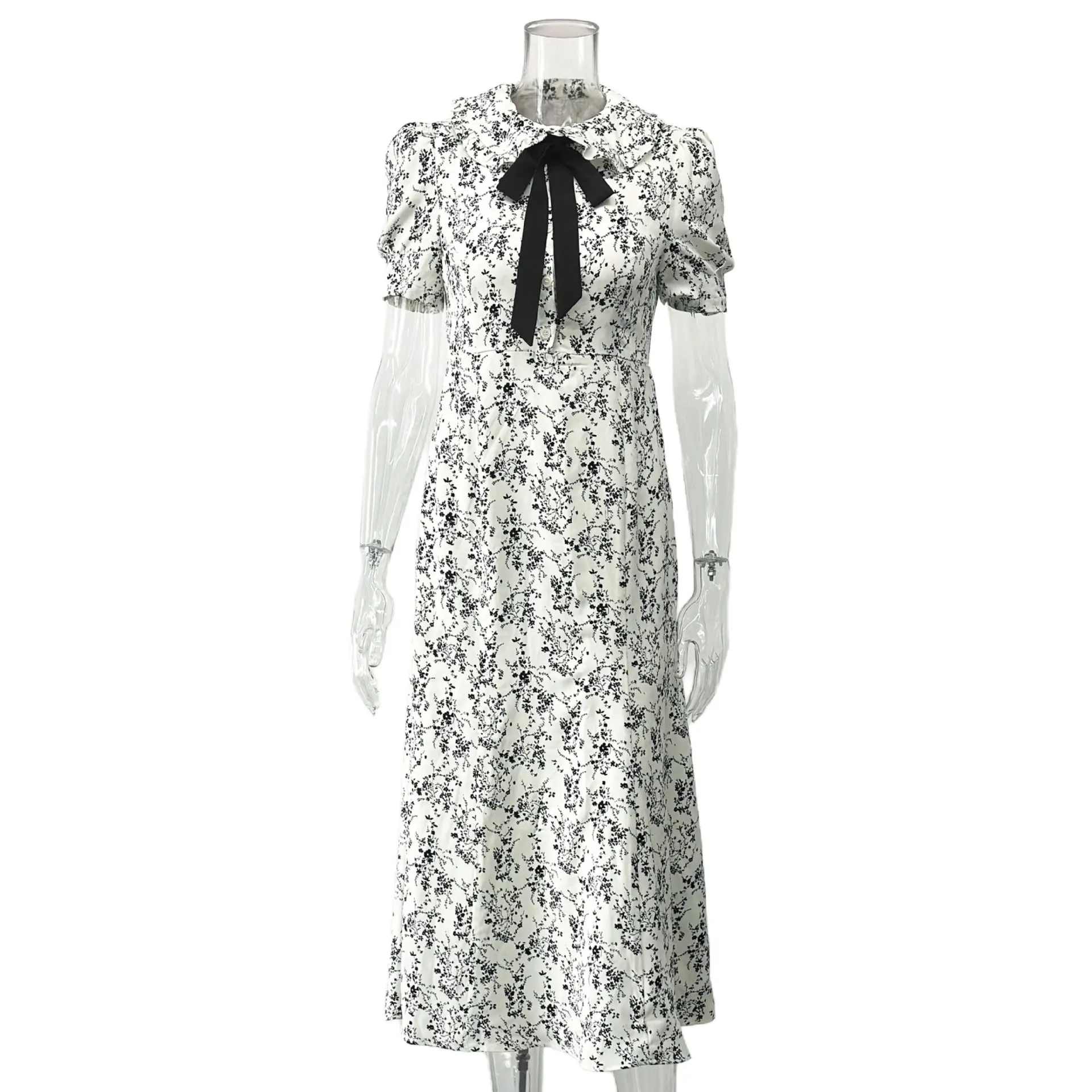 

2025 Summer New Retro Printed Socialite Style High-End Short Sleeved A-Line Dress With Temperament