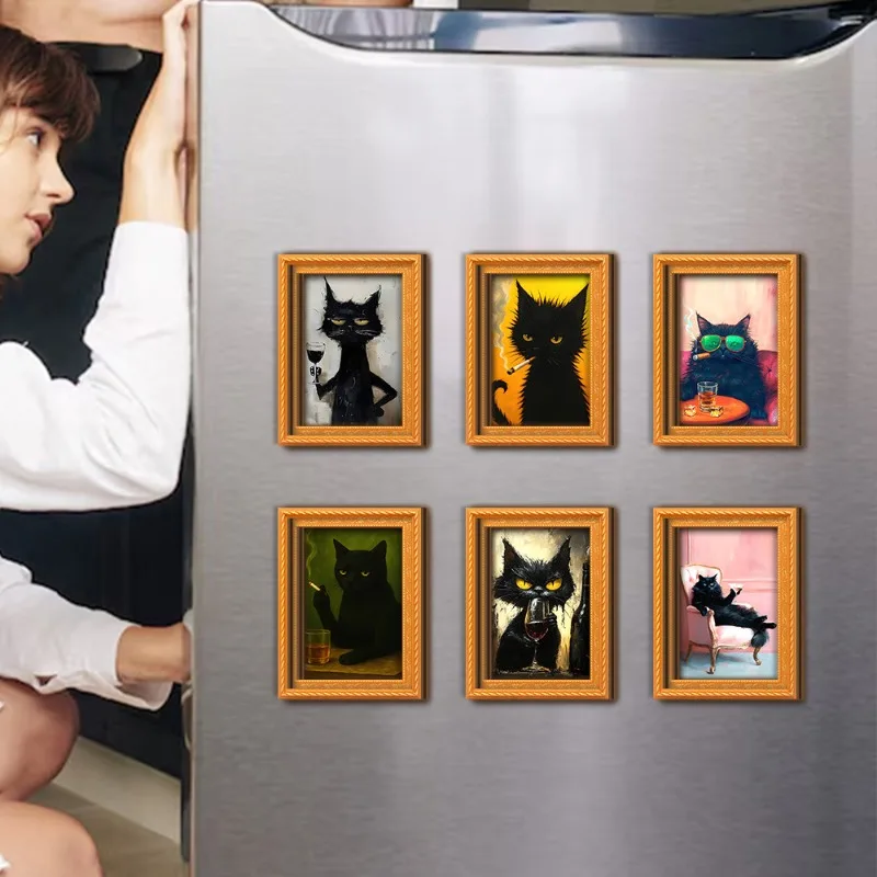 6Pcs/set Wooden Refrigerator Magnet Artwork Fridge Magnet Sticker Frame Hanging Picture Stickers Party Gift for Guest Home Decor