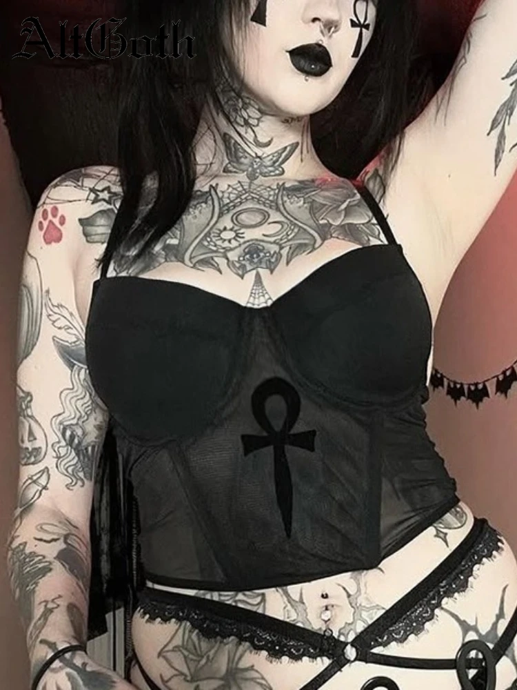 

AltGoth Dark Gothic Cross Print Camisole Women Vintage Halloween Streetwear Sexy Grunge Y2k Backless Slim Crop Tank Tops Female