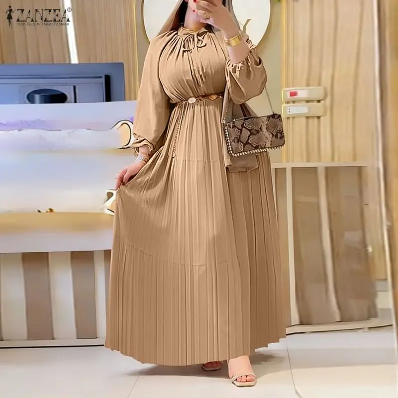 

Мусульманские платья ZANZEA: женские длинные платья-рубашки, весна 2026, с длинными рукавами-фонариками, плиссированные, макси-сарафаны, на завязках, для вечеринок
