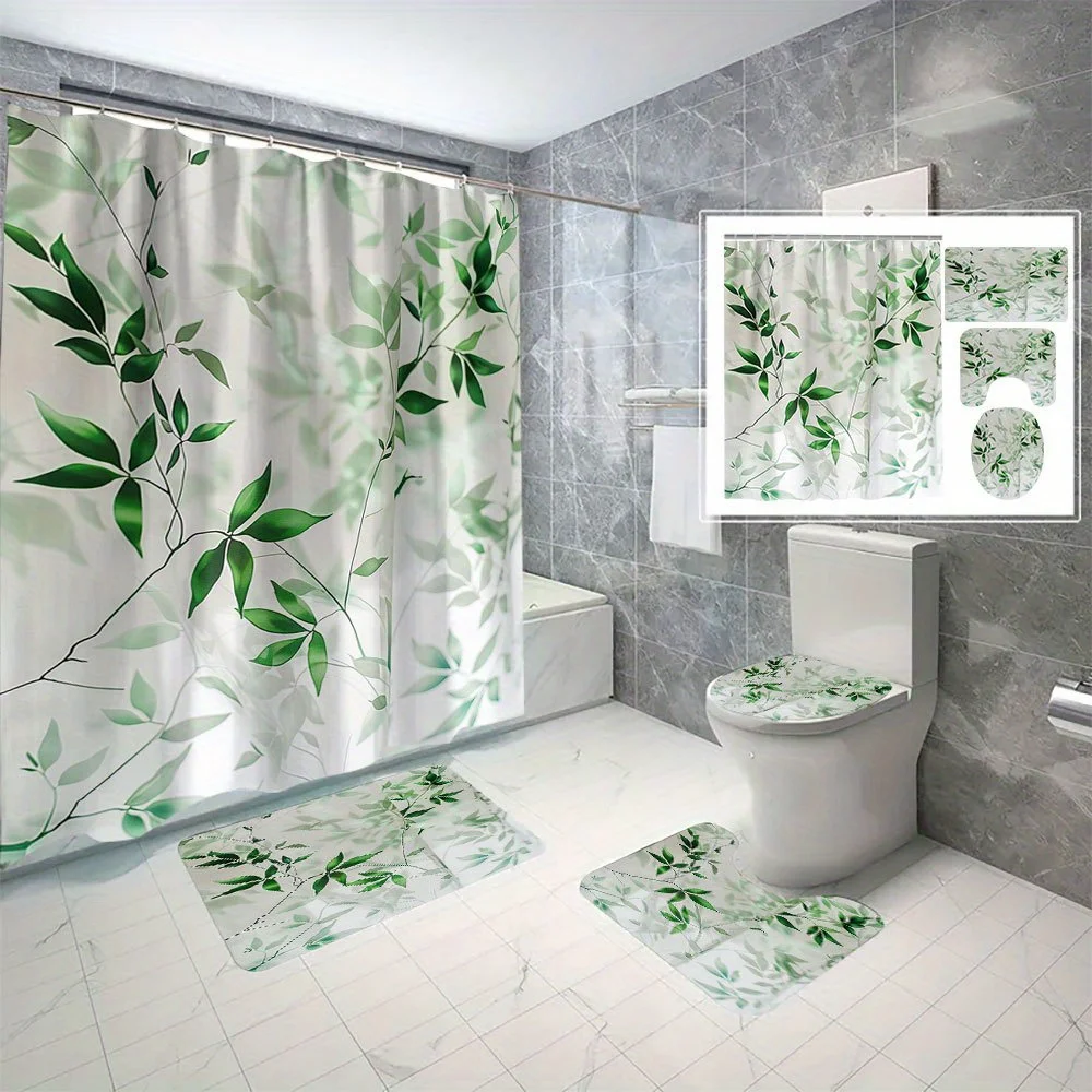 

4-piece green leaf print bathroom set, suitable for bathroom, suitable for all seasons, machine washable