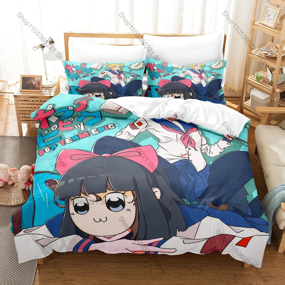 Pop Team Epic Duvet Cover + 2 Pillowcases, Funny Anime Print Bedding Set Soft Fabric for Fans Bedroom Decor & Gift