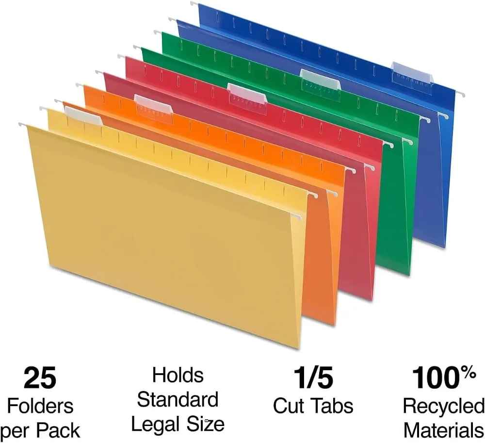 

Heavy Duty Hanging File Folders, 5-Tab Legal Size, Assorted Colors, 25/Box - Tear-Resistant for Office Organization
