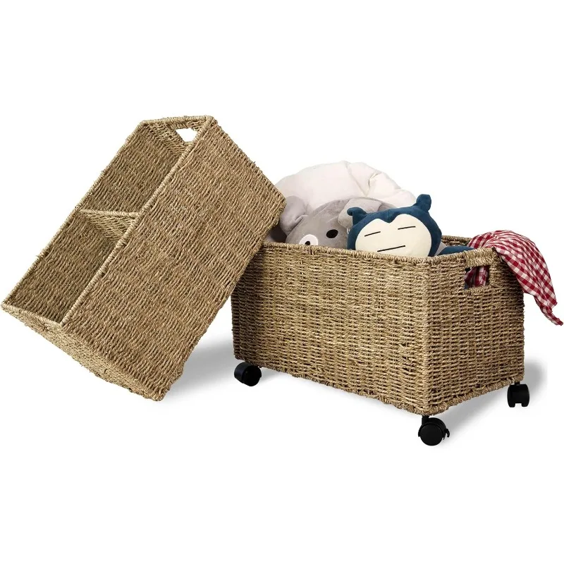 Set 2 (different sizes nesting in a set) Natural Wicker Rolling Storage Baskets on Wheels w Insert Handle, Under Table Under