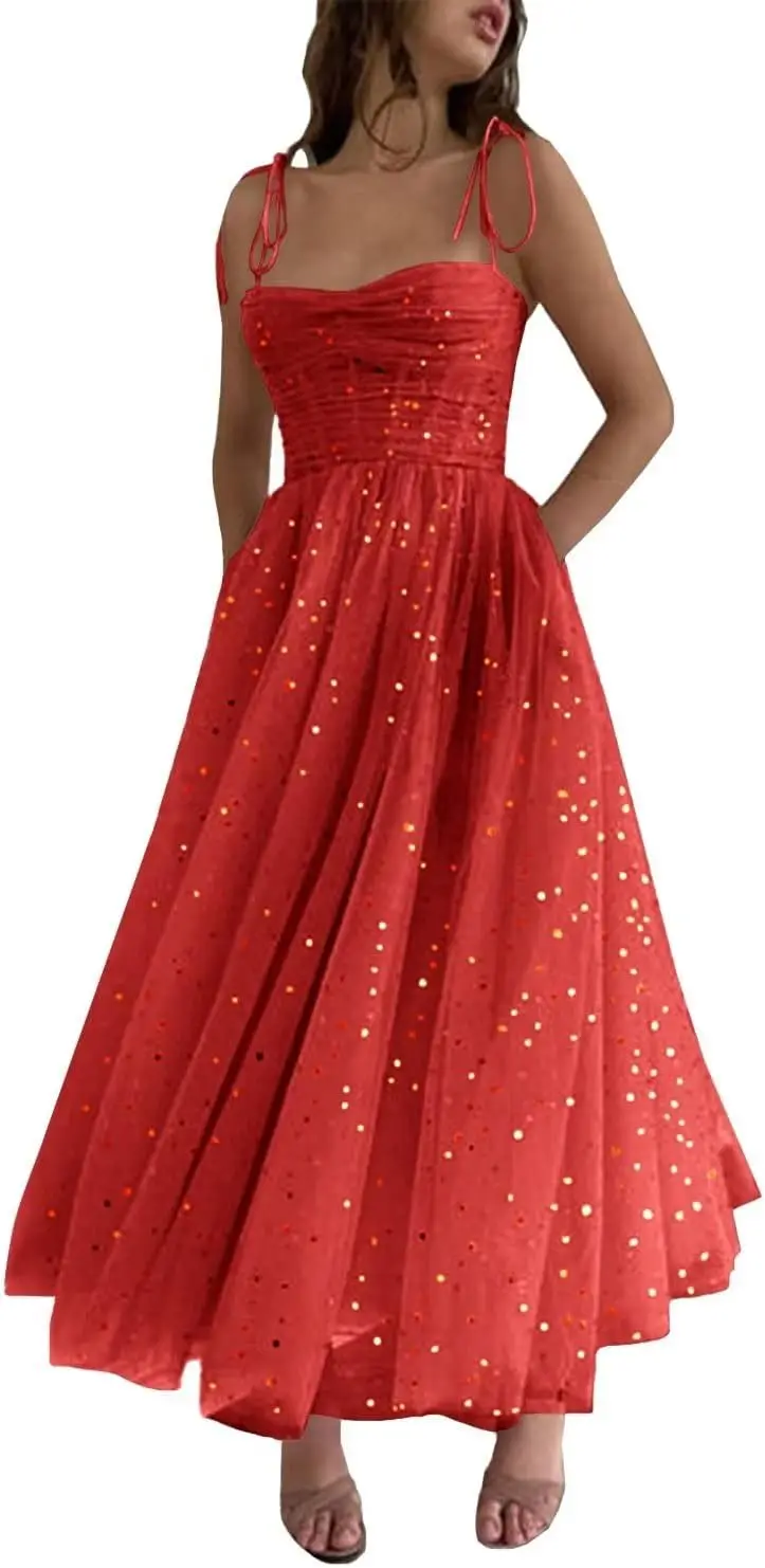 Women's Sparkle Starry Tulle Prom Dresses Tea Length Corset Formal Evening Party Gowns Elegant Dress Women for Wedding Party