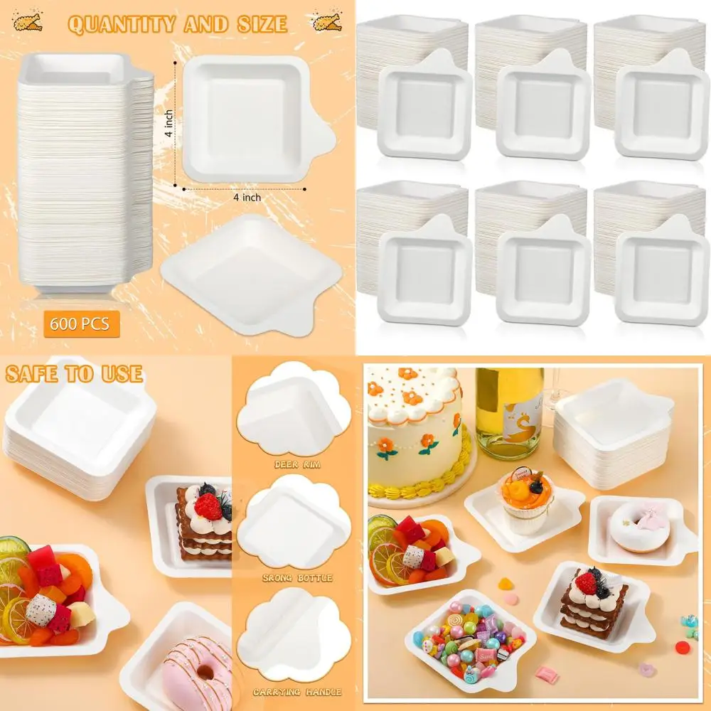 

1000 Pack White Square Paper Plates, 4.45 x 5.24, Disposable Snack Plates for Parties, Made from Sugarcane Fiber