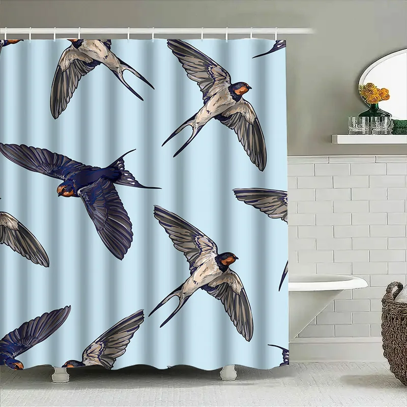 

Голубая занавеска для душа «Ласточка», домашний декор, водонепроницаемая ткань, набор украшений для ванной комнаты, 3D печатные черные птицы, летающие в воздухе для детей R