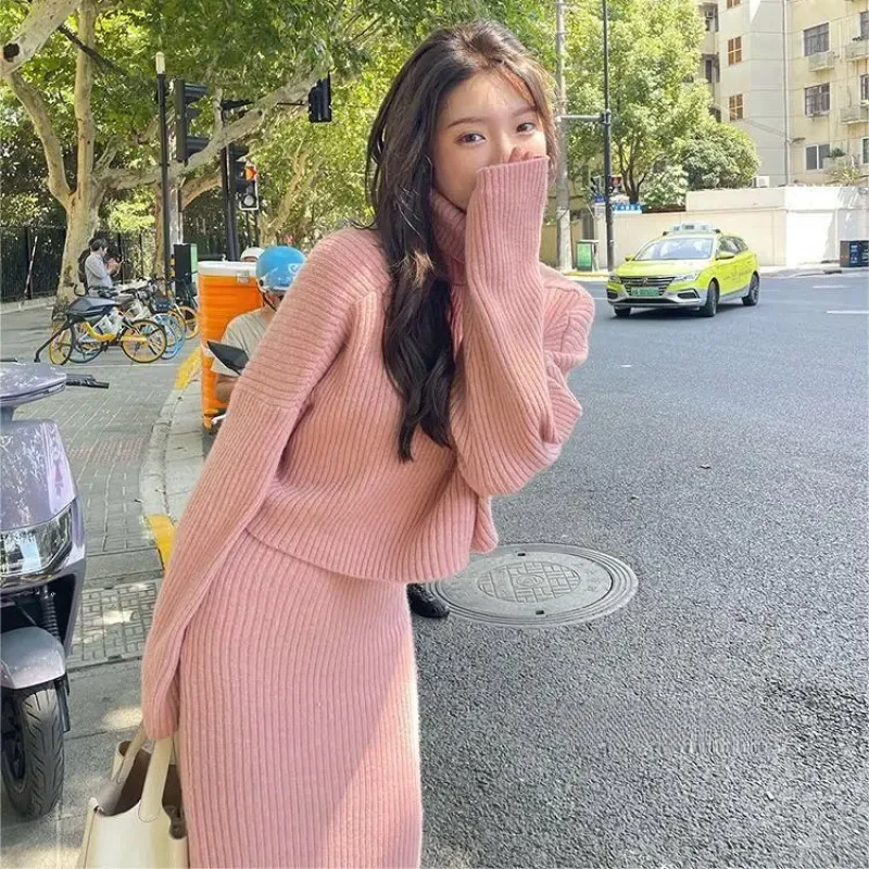 Knitted Skirt Suit Two Piece Set New Autumn and Winter Women Turtleneck Sweater Coat and Midi Skirt Suits Office Lady Knitting