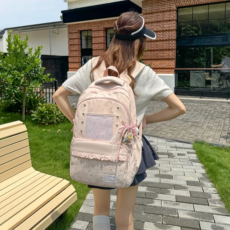 Korean Style Pleated Lace Backpack for Women Lightweight Schoolbag Daily Travel Commuting Storage Bag Girl Exploration Bag