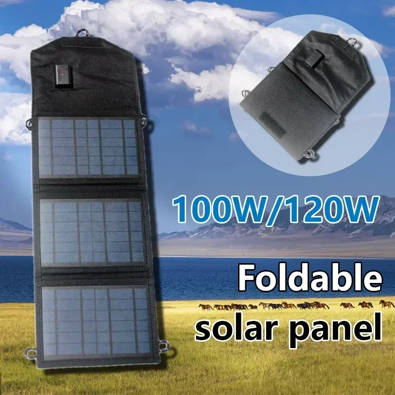 100W/120W Solar Panel Foldable 5V USB Sanding Board Anti-scratch Hooks for Bag Phone Safe Charge Outdoor Hiking Travel Portable