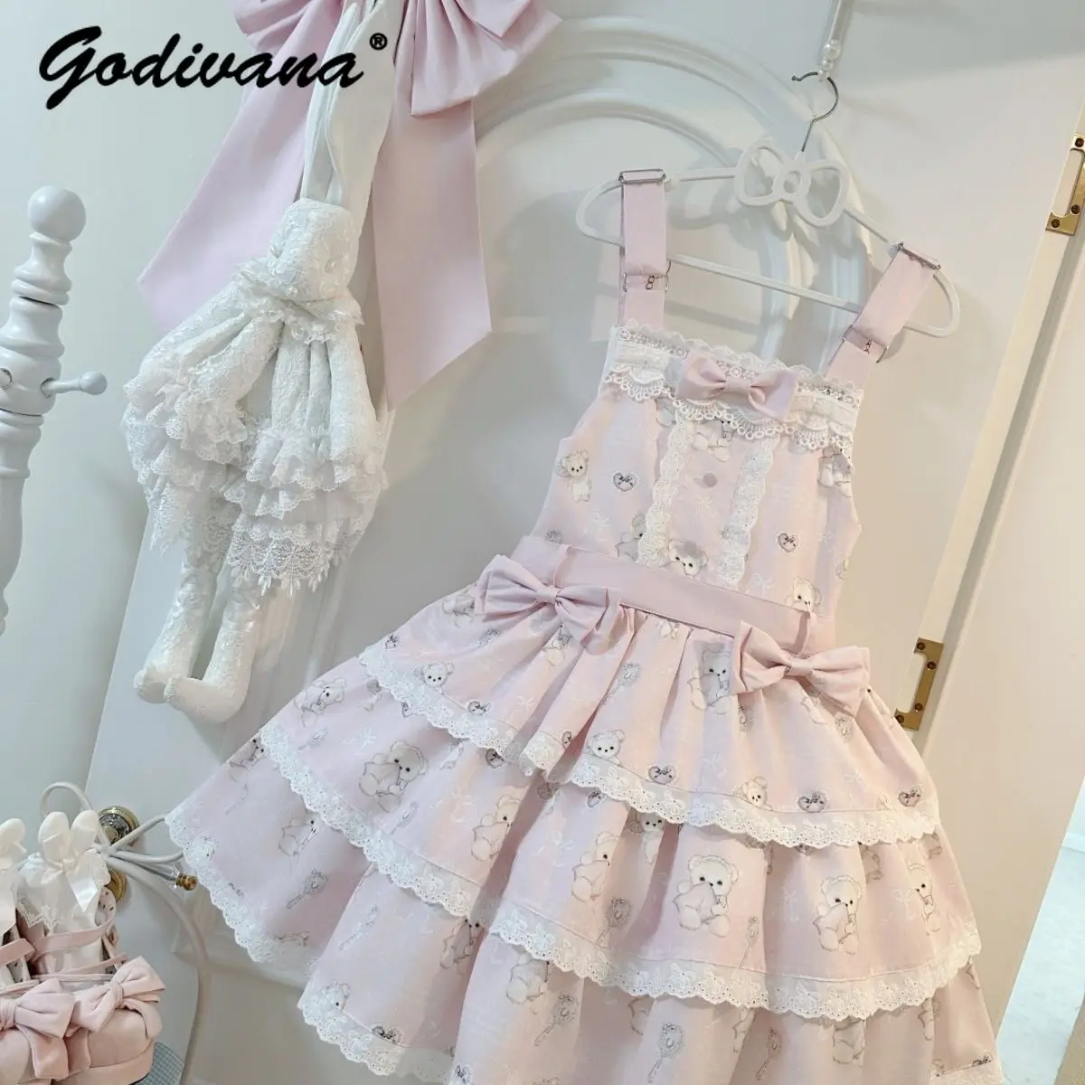 Sweet Baby Girls Summer New Lolita Slip Dress Kids Jsk Lace Trim Bow Train Cute Bear Print Sleeveless Party Gown Layered Dresses
