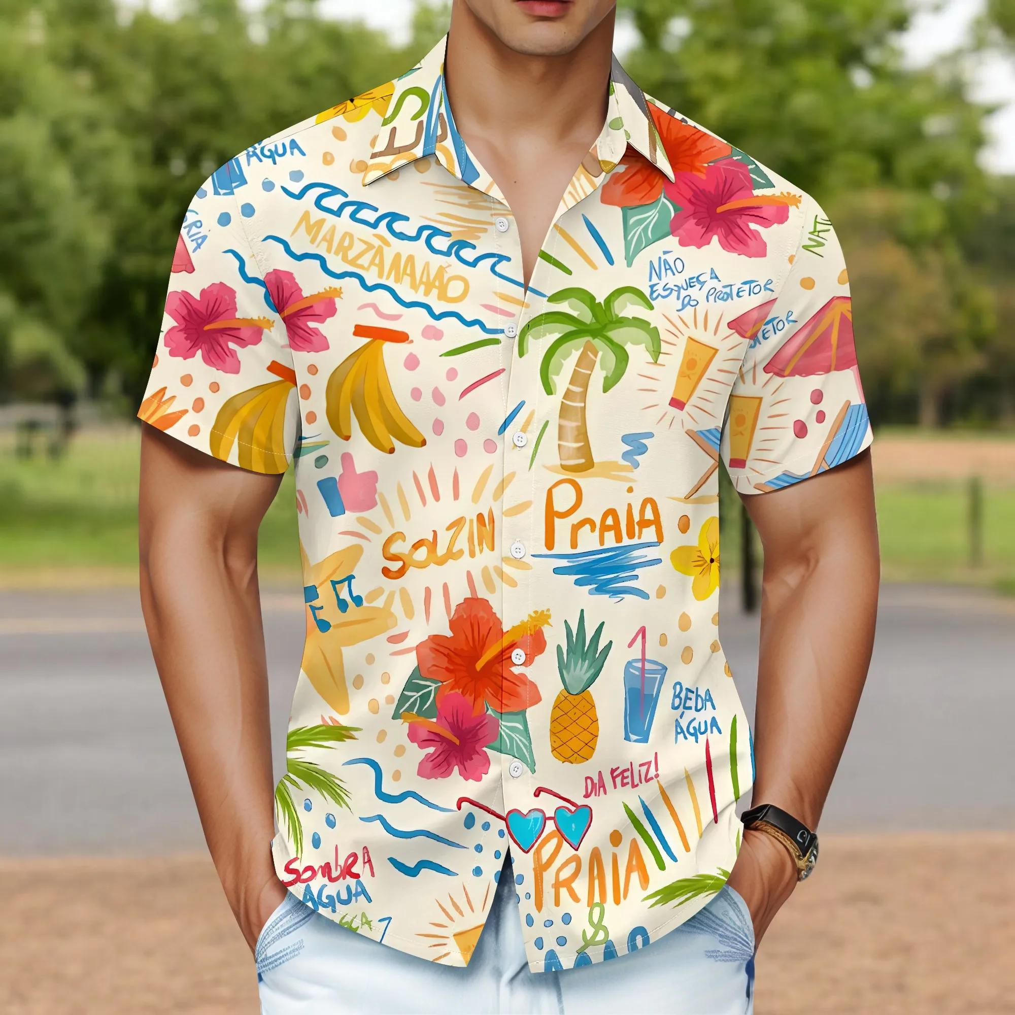 YEAE Tropical Doodle Print Shirt for Men Summer Casual Short Sleeve Top