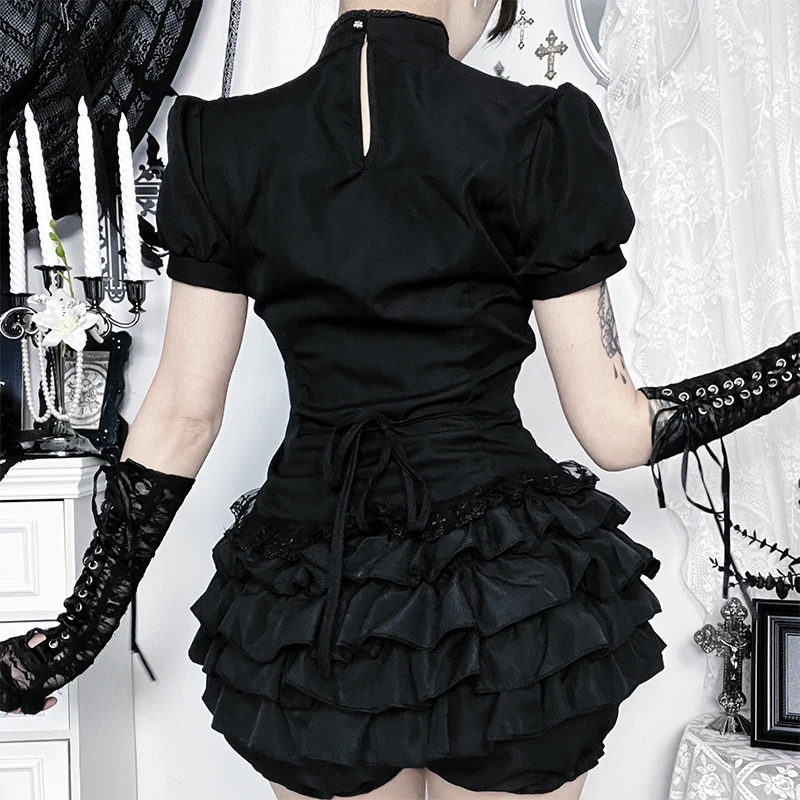 Dark Embroidered Church Window Pattern Short Sleeve Top, Gothic Vintage Lace Trim Slim Women Shirts