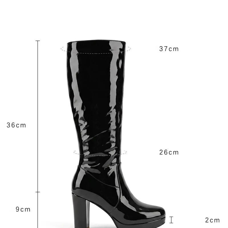 REAVE CAT Red Shiny Women Knee High Boots Round Toe 9cm High Heel 2cm Platform Zipper Elegant Daily Botas Plus Size 44 45 46 47