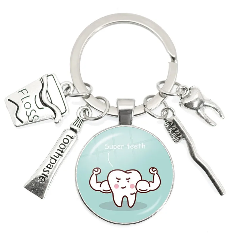 Zahn Zahnseide Zahnpasta Zahnbürste Metall Anhänger Keychain Glas Cabochon Zahnarzt Dental Assistent Geschenk Zahnpflege Schlüssel Ringe