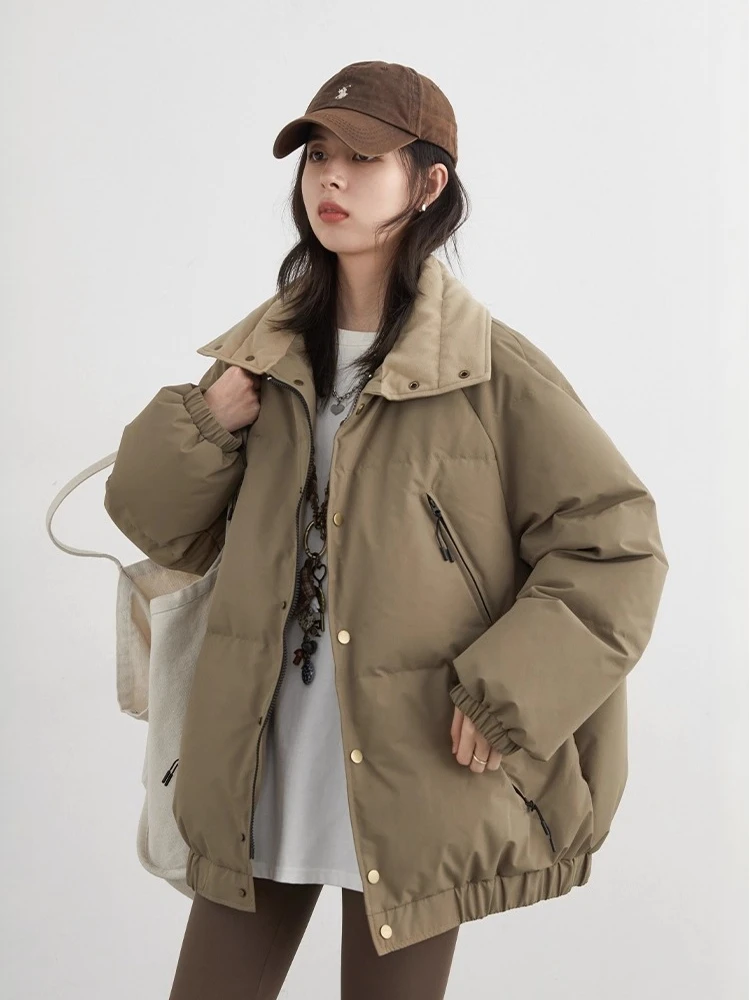 CHIC VEN moda mujer abrigos de plumas de manga larga sólido Retro suelto Casual contraste 90 chaqueta de plumón blanca Otoño Invierno 2025