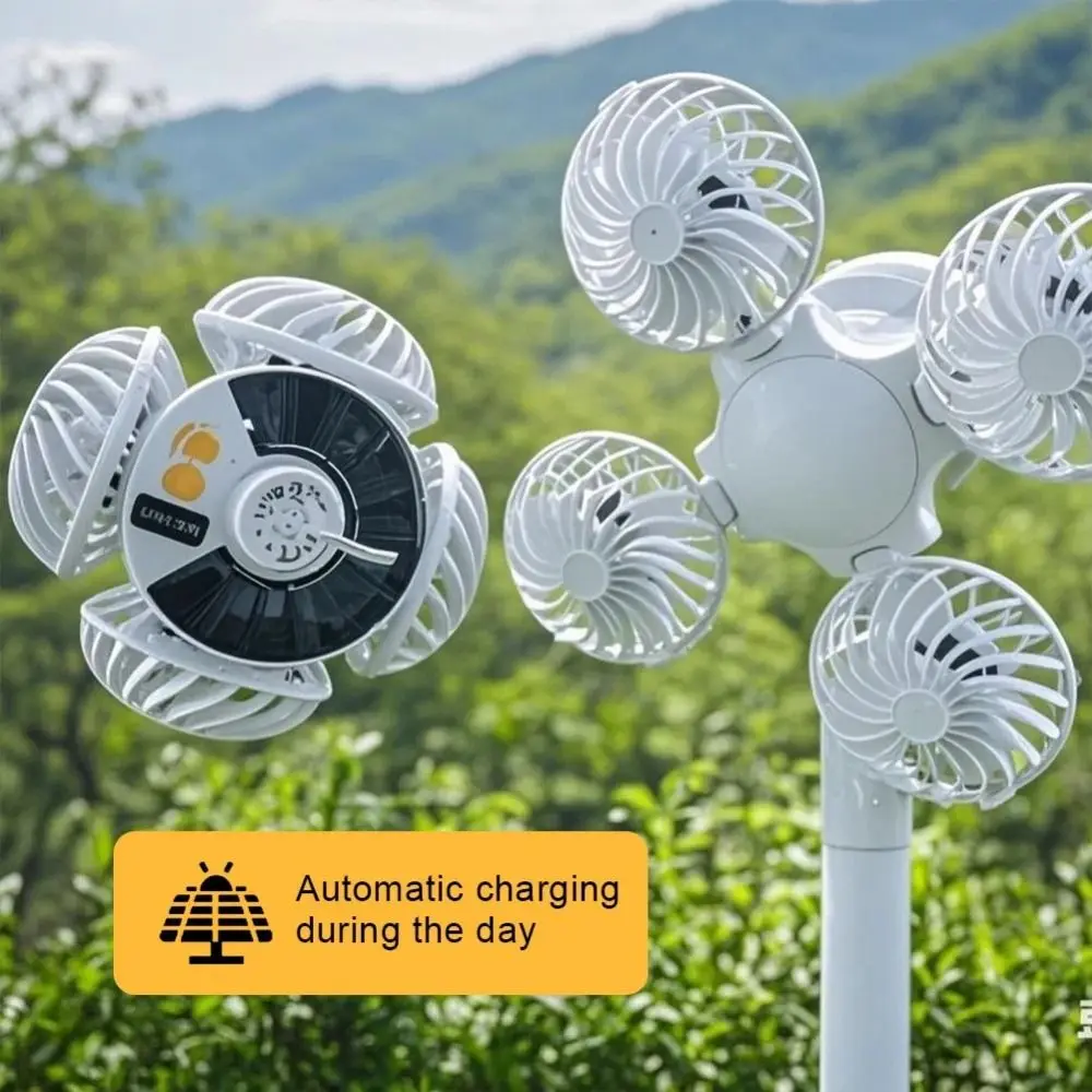 

2 in 1 Solar Fan Light Solar Powered 4 Heads Outdoor Solar Lamp Super Bright Silent Hanging Fan with LED Light Camping