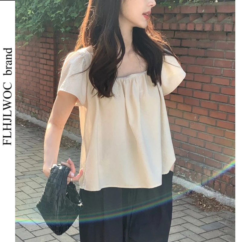 

Summer Cute Tops Blouses New Sweet Girls Chic Korea Design Woman Japanese Style Solid Casual Short Sleeve Puff Sleeve Shirts