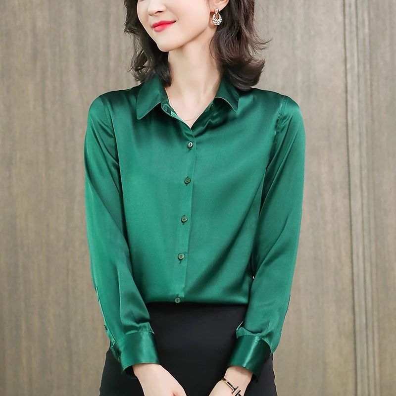 

Office Lady Work Shirt Tops Elegant Shirts For Women Turn-down Collar Long Sleeve Solid Blouses Real Silk Woman Satin Blouse