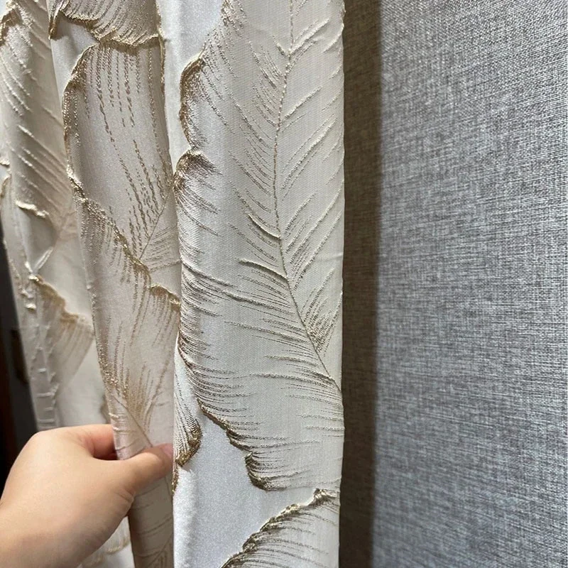 Luxury Jacquard Embossed Golden Leaf Blue Blackout Curtains for Living Room Bedroom High Precision Beige Rideaux Pour Le Salon