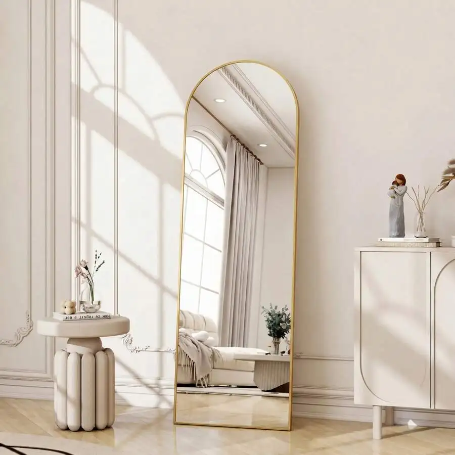 56'X15' Arched Full Length Mirror Floor Mirror With Stand, Gold