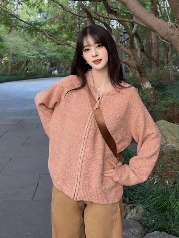 

Laid-ba Sli Loose Long Sve Sweater Beautiful Unique Autumn Faionable Knitted Top Youthful Cotton Blend Zipper Closure