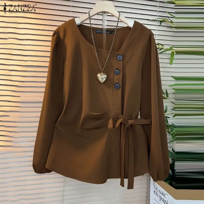 Zanzea camisas elegantes femininas manga longa moda botões blusa de cor sólida primavera bandagem escritório streetwear blusas topos 2026