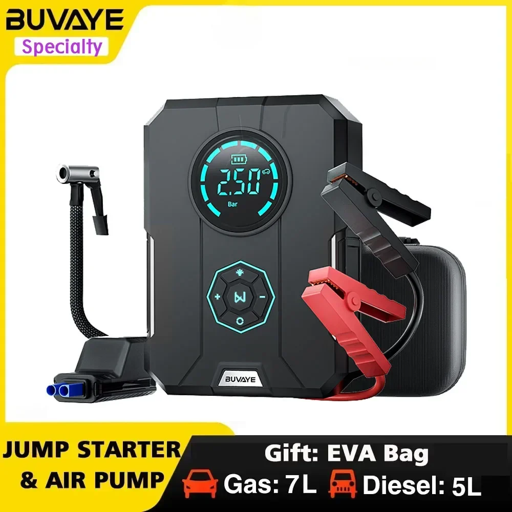 BUVAYE-Car Jump Starter Air Pump, 150PSI Air Compressor Power Bank, 2000A Cars Battery Starting Auto Inflatable Pump