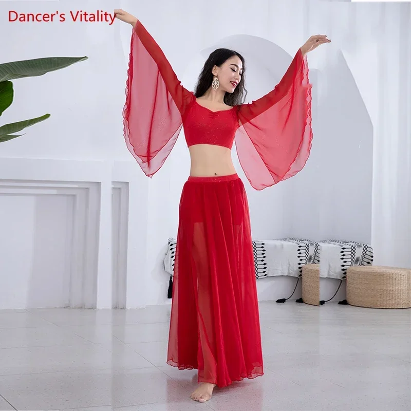 Conjunto de traje de danza del vientre para adultos y niños, Mangas de altavoz, falda de gasa dividida sexy, ropa de Baile Oriental personalizada, 6XL, 2 piezas