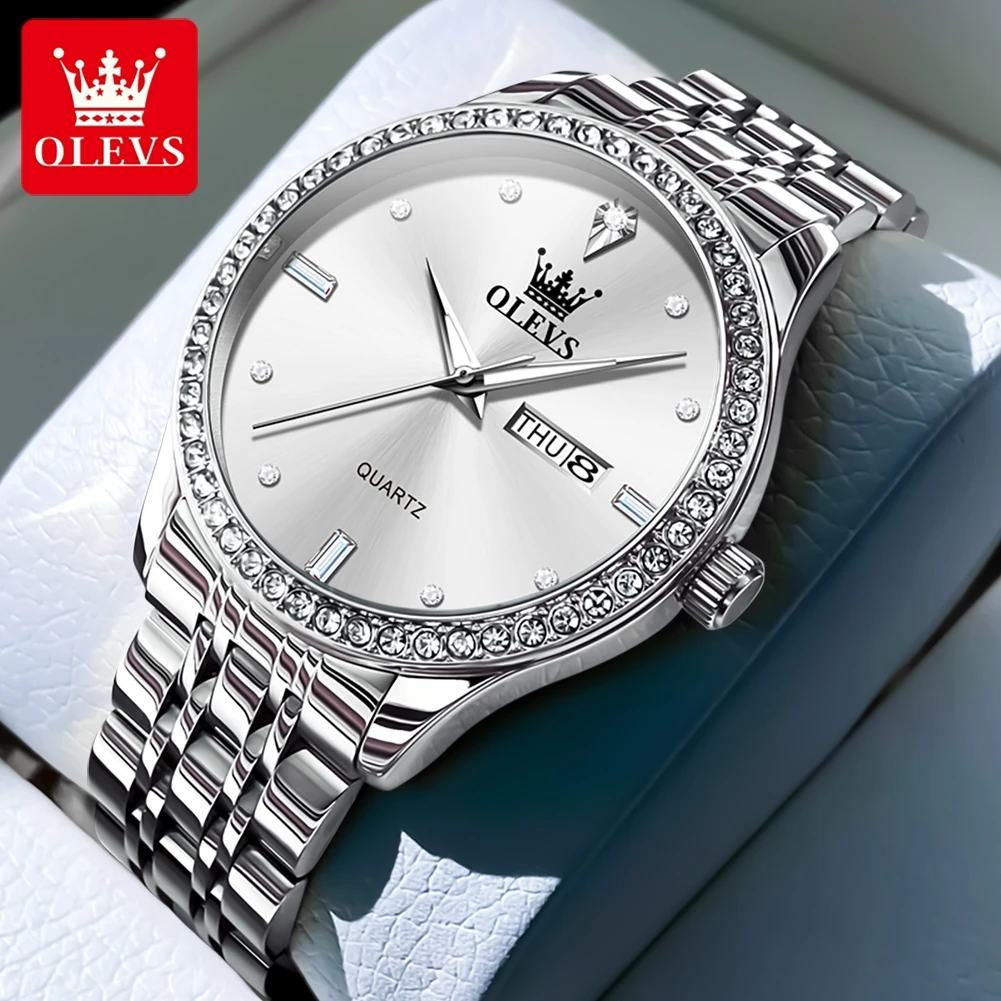 OLEVS Quartz Watches for Men Luxury Fashion Diamond Bezel Original Solid Steel Strap Calendar Luminous Waterproof Man Watch 3625